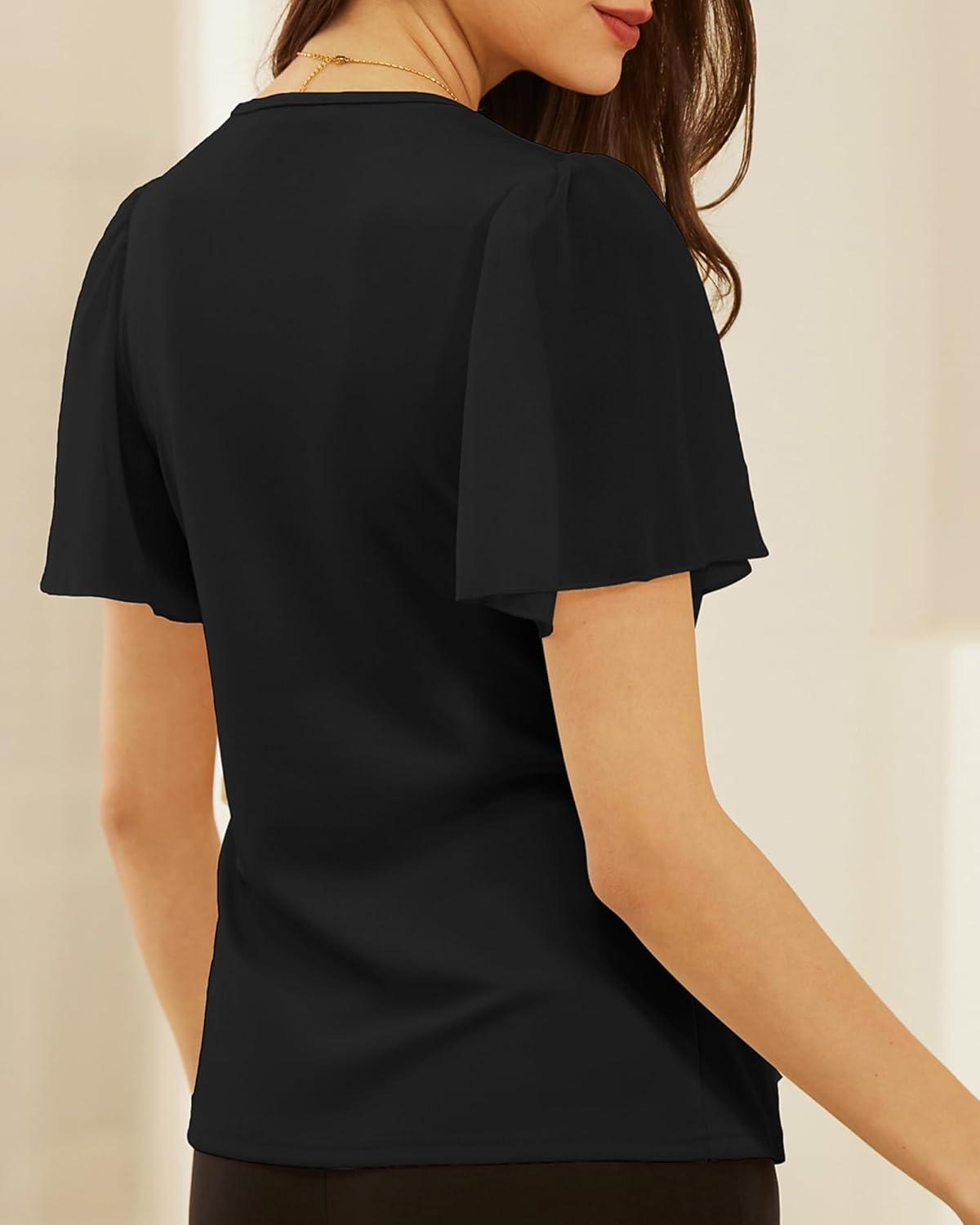 imageGRACE KARIN 2025 Womens Summer Tops Dressy Business Casual Chiffon Short Sleeve VNeck Wrap Work Fitted BlousesBlack