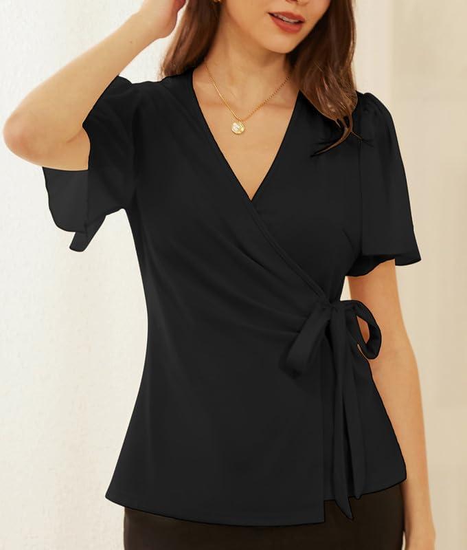 imageGRACE KARIN 2025 Womens Summer Tops Dressy Business Casual Chiffon Short Sleeve VNeck Wrap Work Fitted BlousesBlack