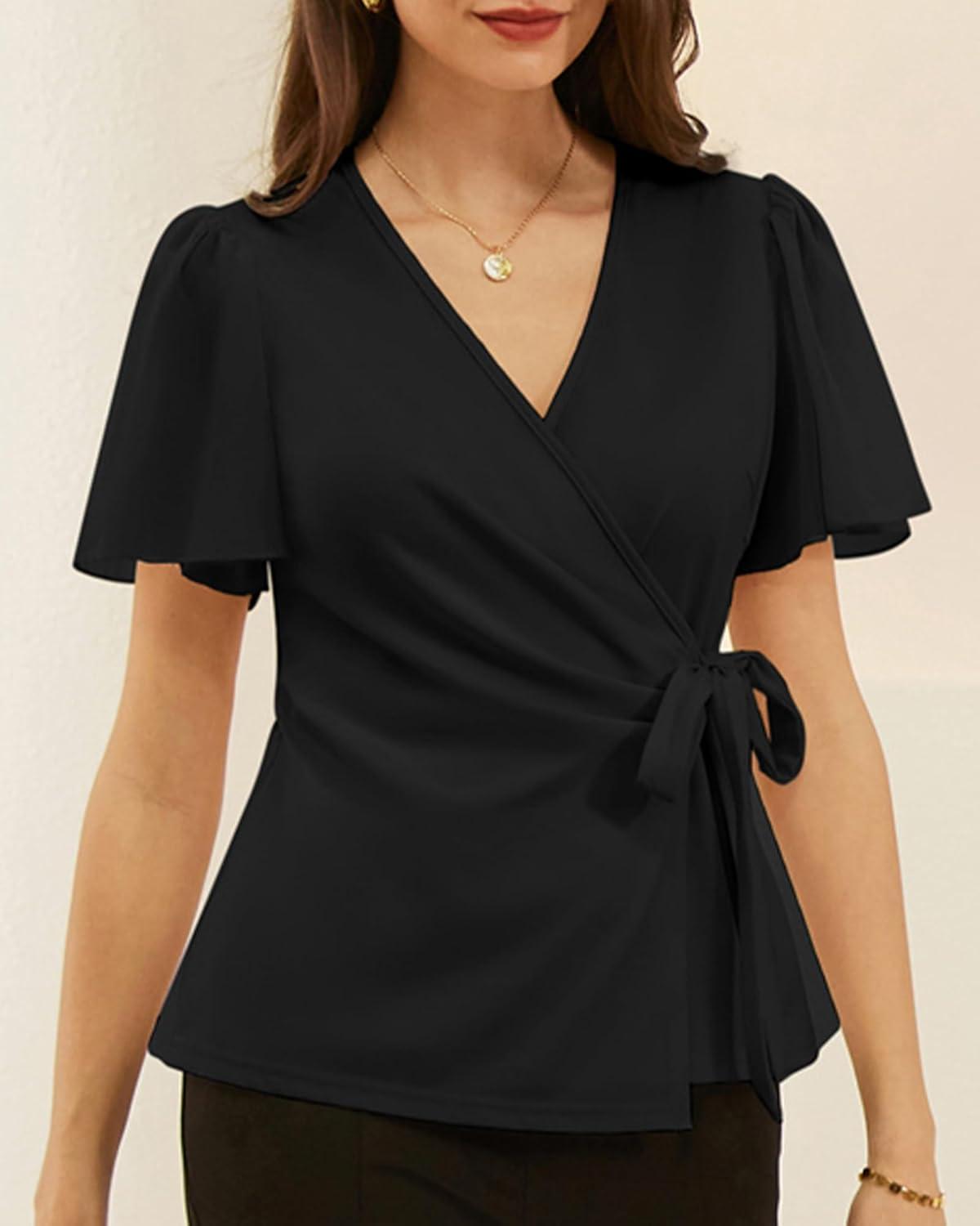 imageGRACE KARIN 2025 Womens Summer Tops Dressy Business Casual Chiffon Short Sleeve VNeck Wrap Work Fitted BlousesBlack