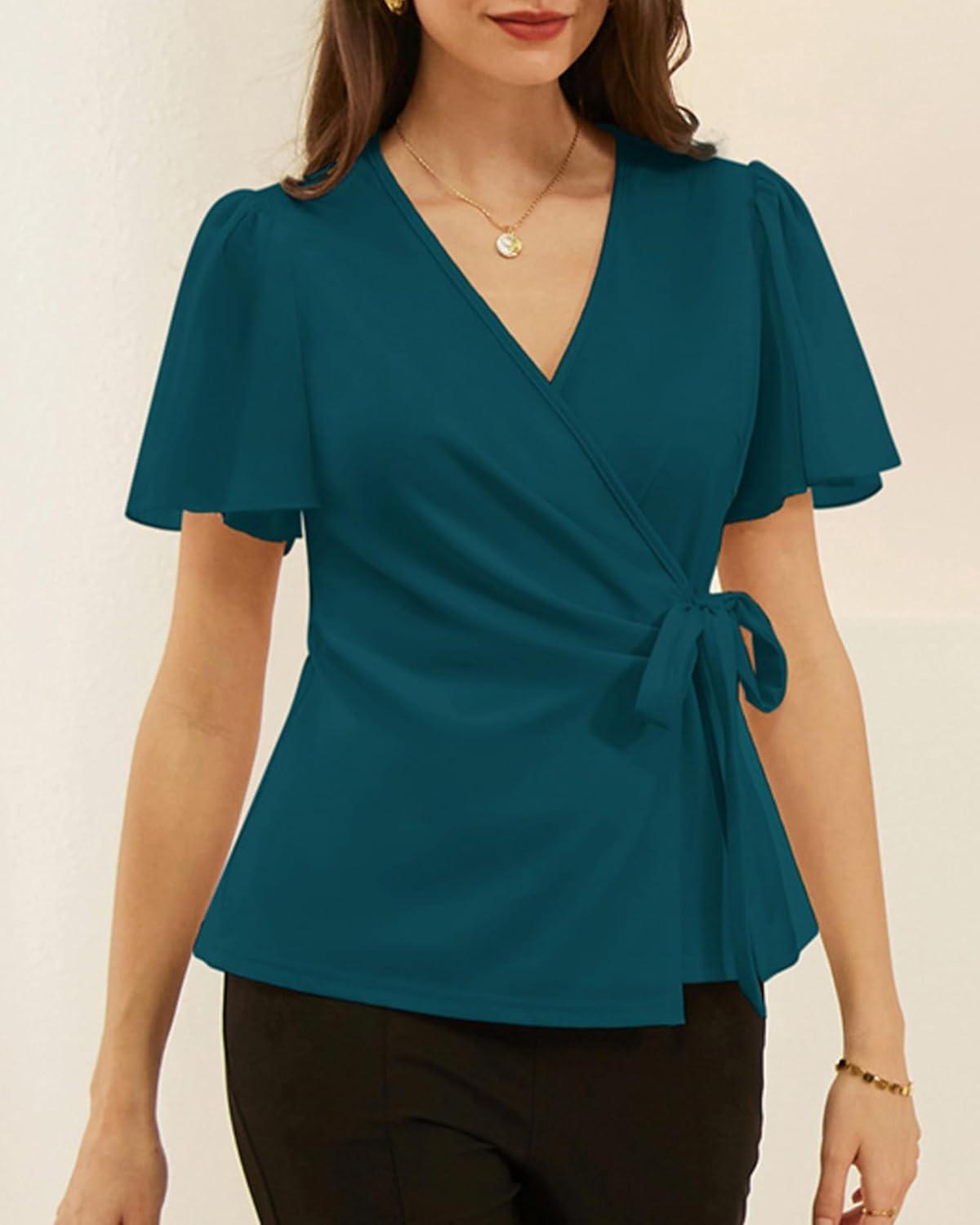 imageGRACE KARIN 2025 Womens Summer Tops Dressy Business Casual Chiffon Short Sleeve VNeck Wrap Work Fitted BlousesBluegreen