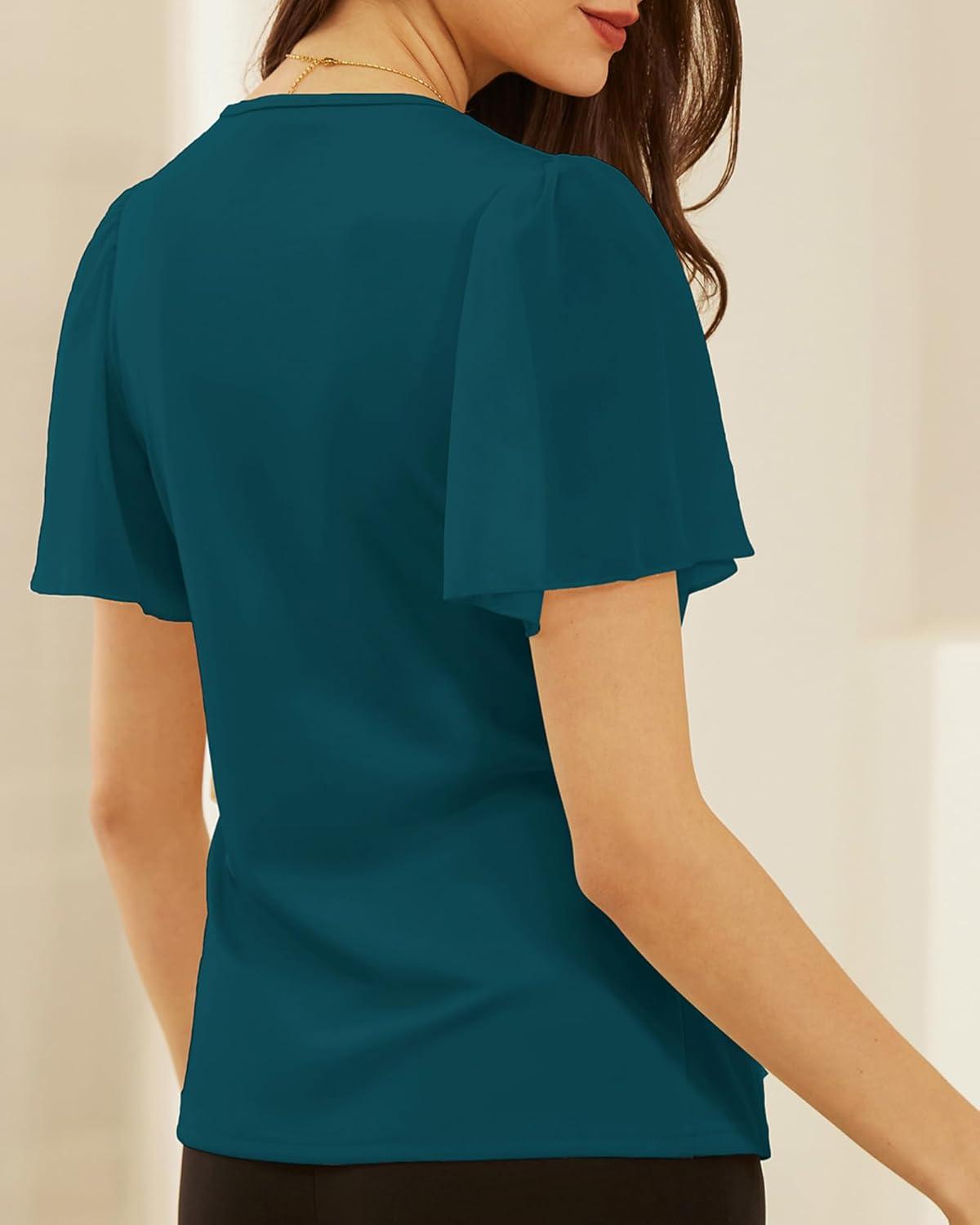imageGRACE KARIN 2025 Womens Summer Tops Dressy Business Casual Chiffon Short Sleeve VNeck Wrap Work Fitted BlousesBluegreen