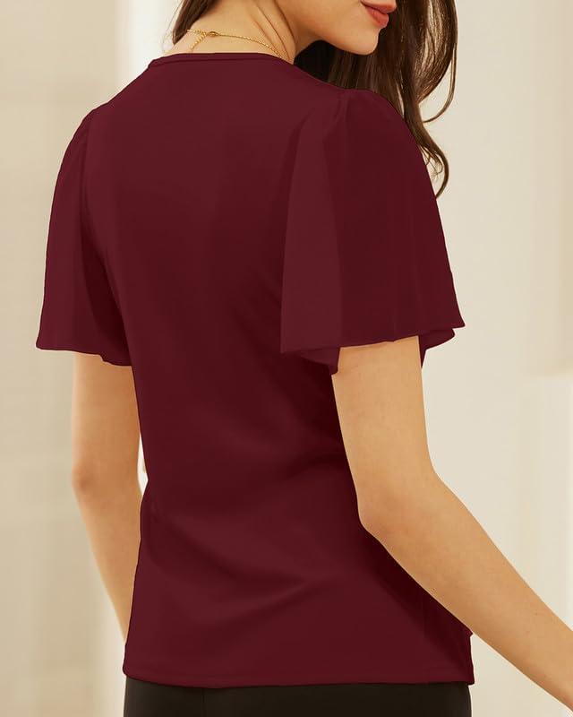 imageGRACE KARIN 2025 Womens Summer Tops Dressy Business Casual Chiffon Short Sleeve VNeck Wrap Work Fitted BlousesBurgundy