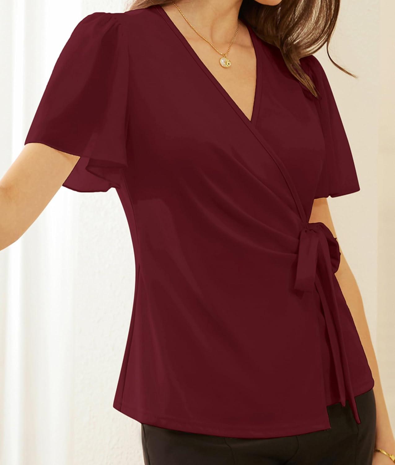 imageGRACE KARIN 2025 Womens Summer Tops Dressy Business Casual Chiffon Short Sleeve VNeck Wrap Work Fitted BlousesBurgundy