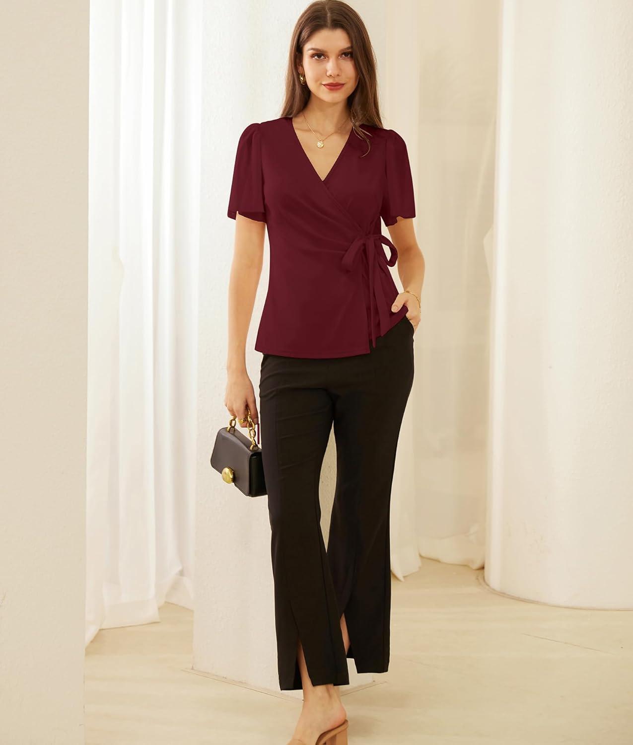 imageGRACE KARIN 2025 Womens Summer Tops Dressy Business Casual Chiffon Short Sleeve VNeck Wrap Work Fitted BlousesBurgundy