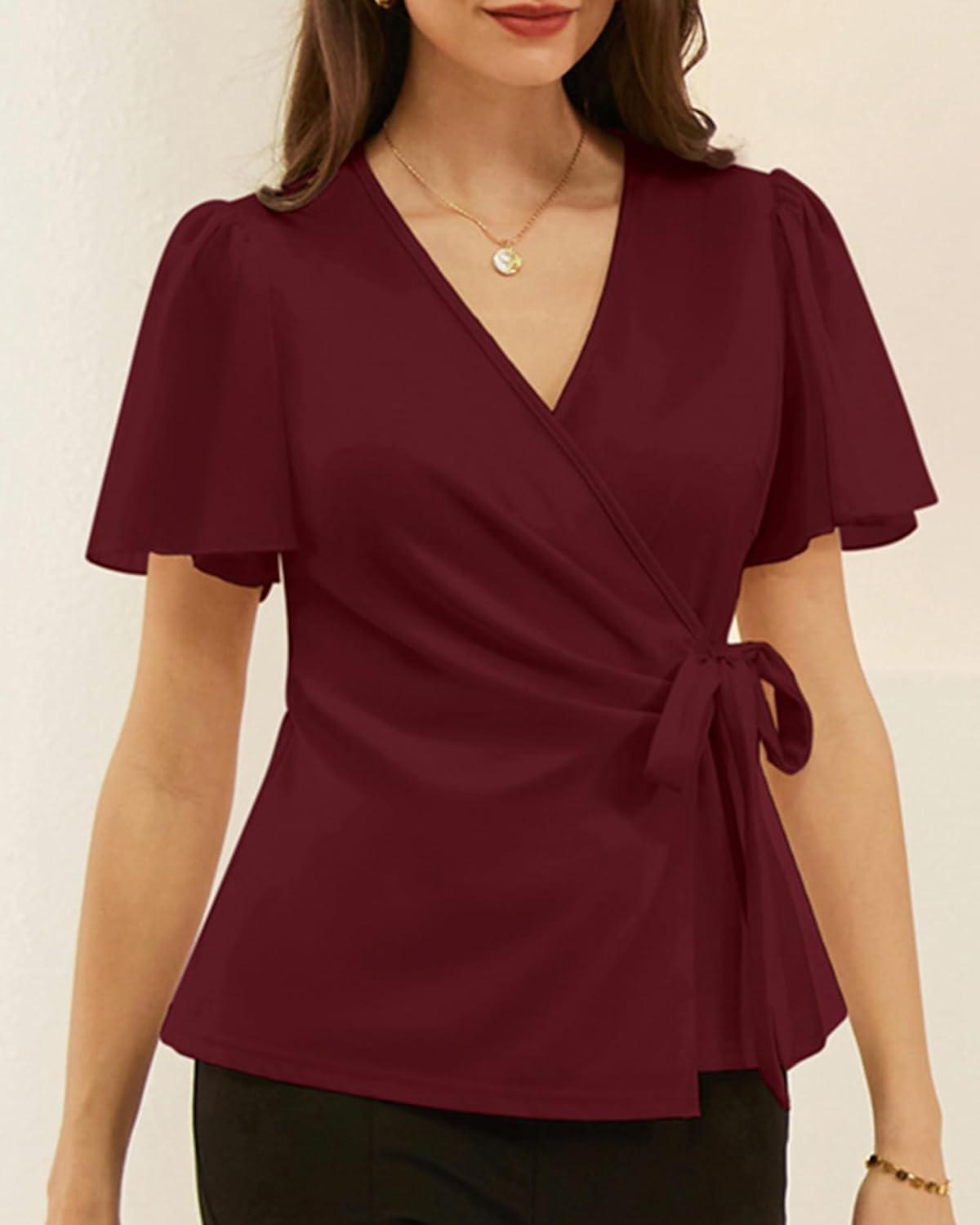 imageGRACE KARIN 2025 Womens Summer Tops Dressy Business Casual Chiffon Short Sleeve VNeck Wrap Work Fitted BlousesBurgundy