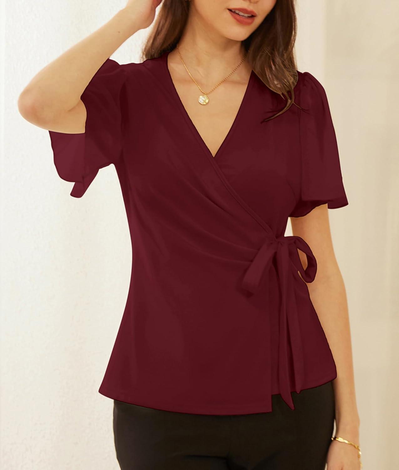 imageGRACE KARIN 2025 Womens Summer Tops Dressy Business Casual Chiffon Short Sleeve VNeck Wrap Work Fitted BlousesBurgundy