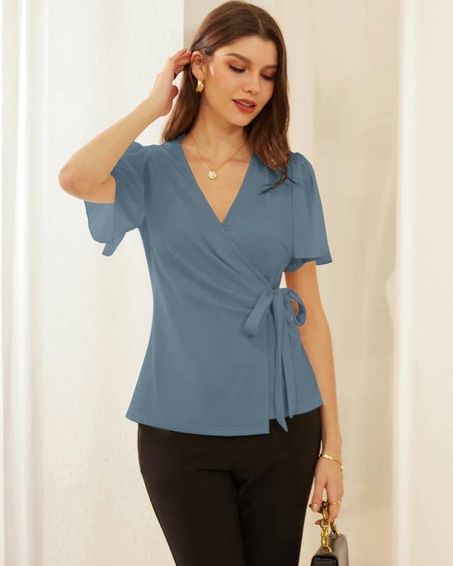 imageGRACE KARIN 2025 Womens Summer Tops Dressy Business Casual Chiffon Short Sleeve VNeck Wrap Work Fitted BlousesGray Blue