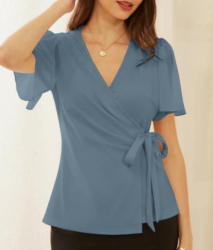 imageGRACE KARIN 2025 Womens Summer Tops Dressy Business Casual Chiffon Short Sleeve VNeck Wrap Work Fitted BlousesGray Blue