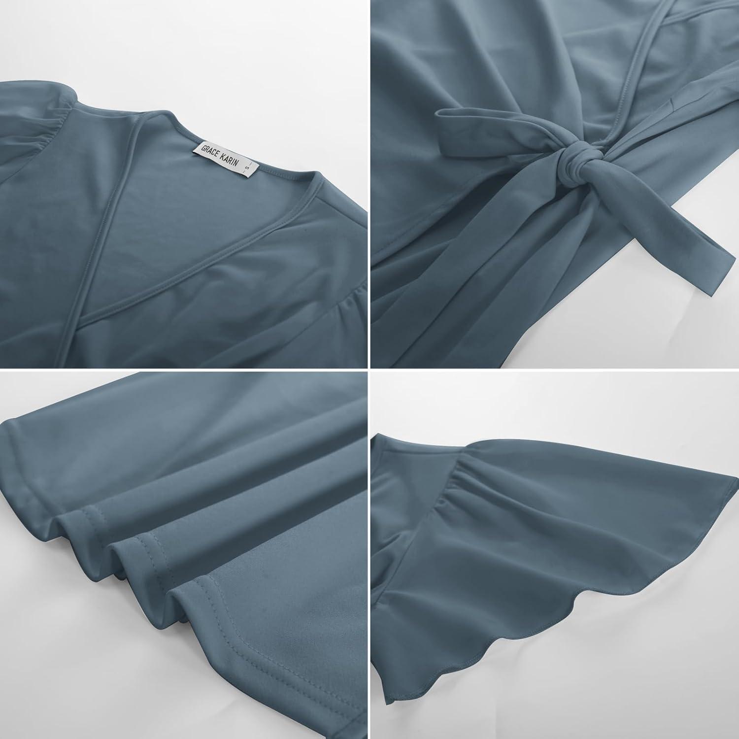 imageGRACE KARIN 2025 Womens Summer Tops Dressy Business Casual Chiffon Short Sleeve VNeck Wrap Work Fitted BlousesGray Blue