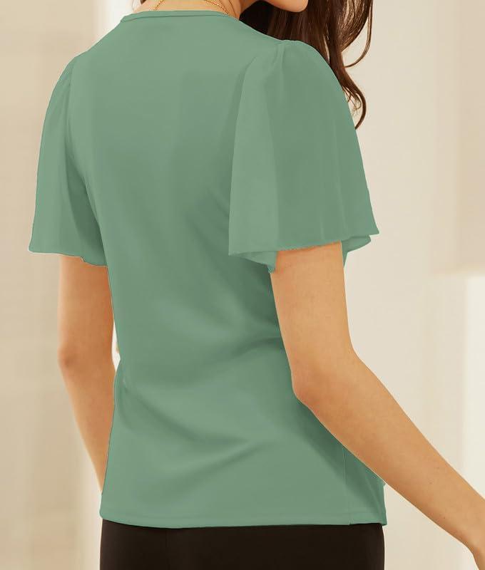 imageGRACE KARIN 2025 Womens Summer Tops Dressy Business Casual Chiffon Short Sleeve VNeck Wrap Work Fitted BlousesGray Green