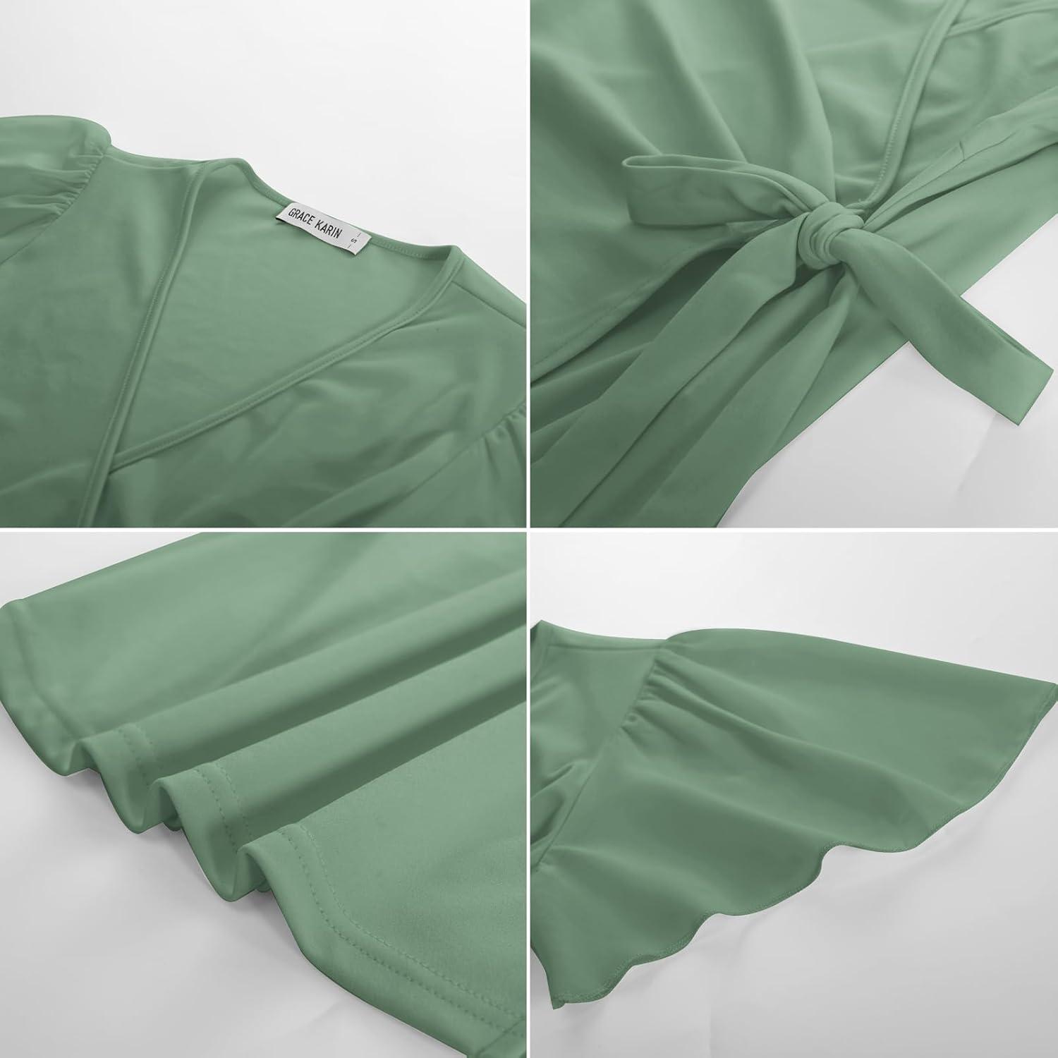 imageGRACE KARIN 2025 Womens Summer Tops Dressy Business Casual Chiffon Short Sleeve VNeck Wrap Work Fitted BlousesGray Green