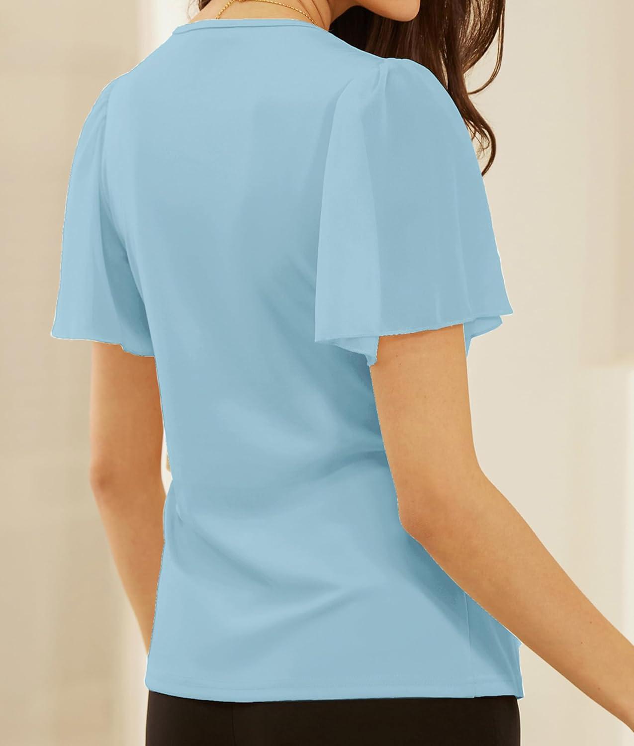imageGRACE KARIN 2025 Womens Summer Tops Dressy Business Casual Chiffon Short Sleeve VNeck Wrap Work Fitted BlousesLight Blue