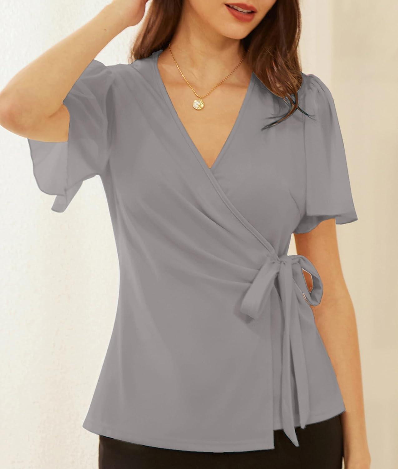 imageGRACE KARIN 2025 Womens Summer Tops Dressy Business Casual Chiffon Short Sleeve VNeck Wrap Work Fitted BlousesLight Grey