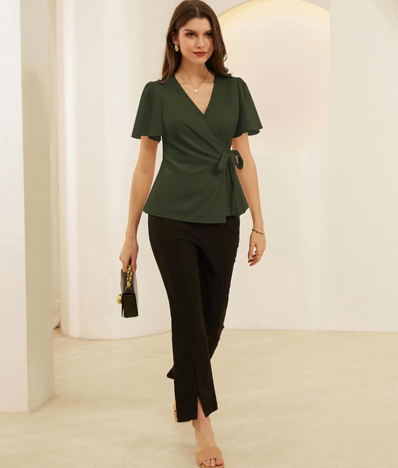 imageGRACE KARIN 2025 Womens Summer Tops Dressy Business Casual Chiffon Short Sleeve VNeck Wrap Work Fitted BlousesNavy