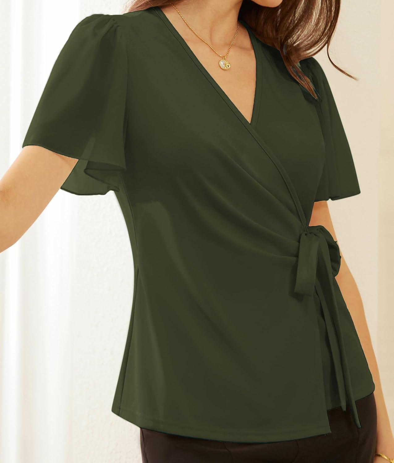 imageGRACE KARIN 2025 Womens Summer Tops Dressy Business Casual Chiffon Short Sleeve VNeck Wrap Work Fitted BlousesNavy