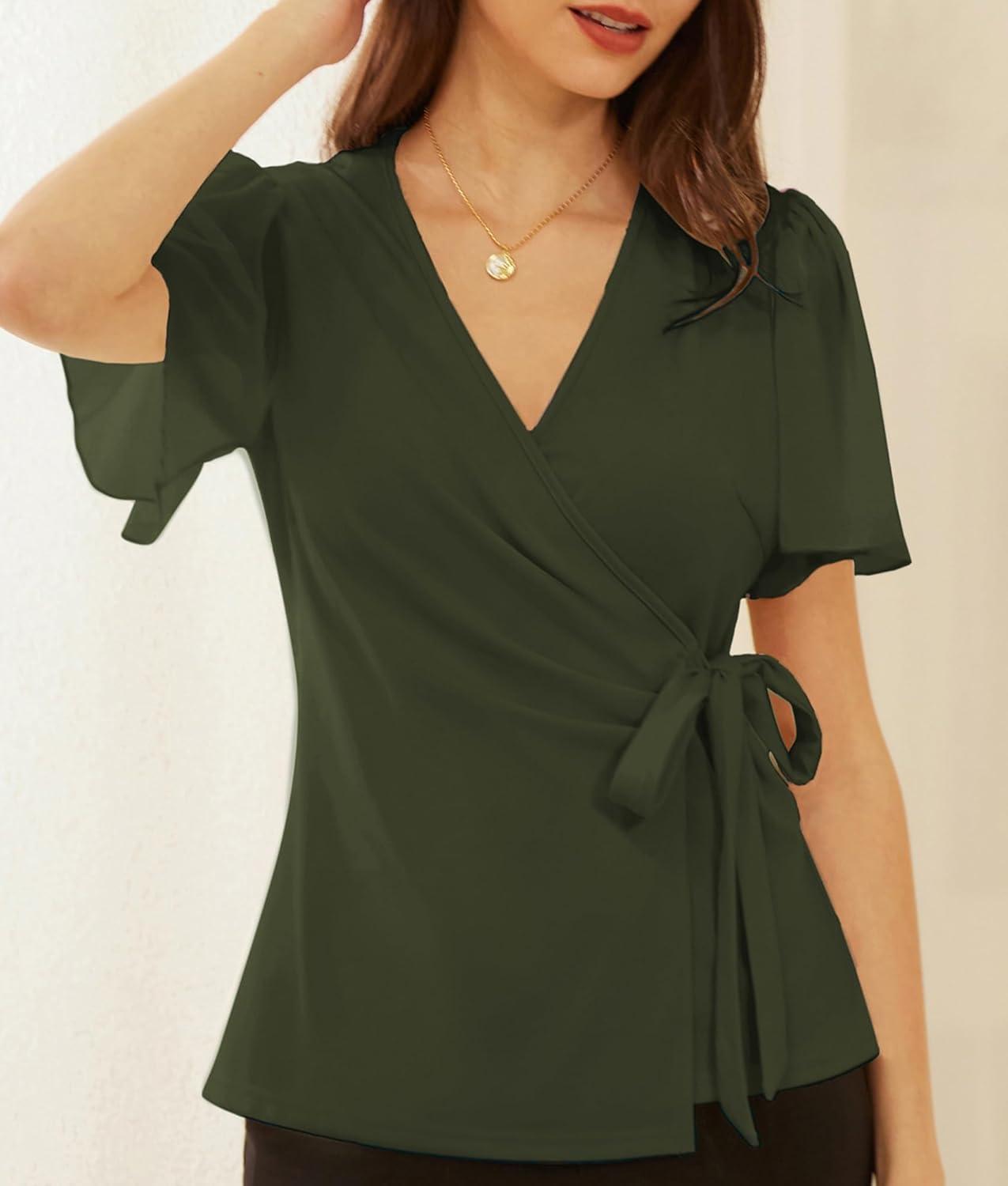 imageGRACE KARIN 2025 Womens Summer Tops Dressy Business Casual Chiffon Short Sleeve VNeck Wrap Work Fitted BlousesNavy