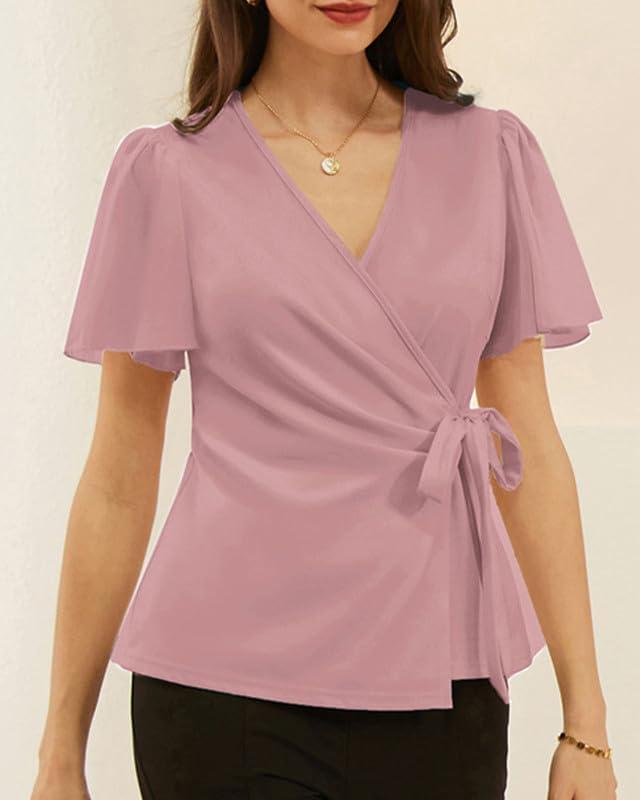 imageGRACE KARIN 2025 Womens Summer Tops Dressy Business Casual Chiffon Short Sleeve VNeck Wrap Work Fitted BlousesPink