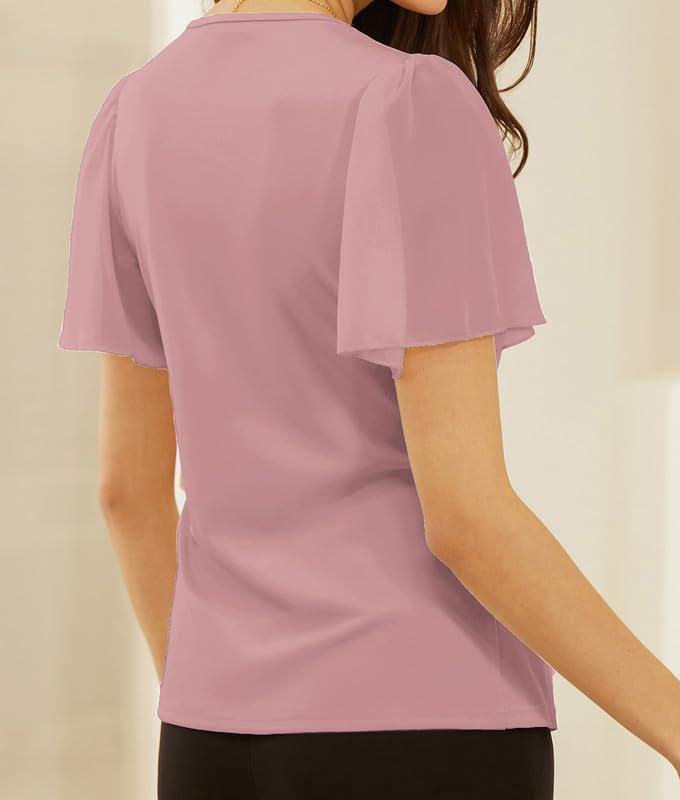 imageGRACE KARIN 2025 Womens Summer Tops Dressy Business Casual Chiffon Short Sleeve VNeck Wrap Work Fitted BlousesPink