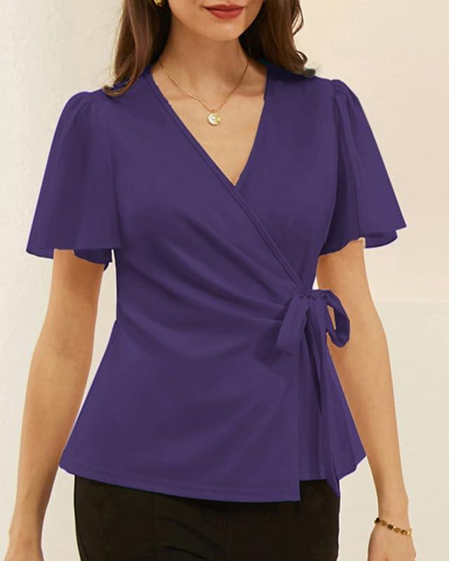 imageGRACE KARIN 2025 Womens Summer Tops Dressy Business Casual Chiffon Short Sleeve VNeck Wrap Work Fitted BlousesPurple