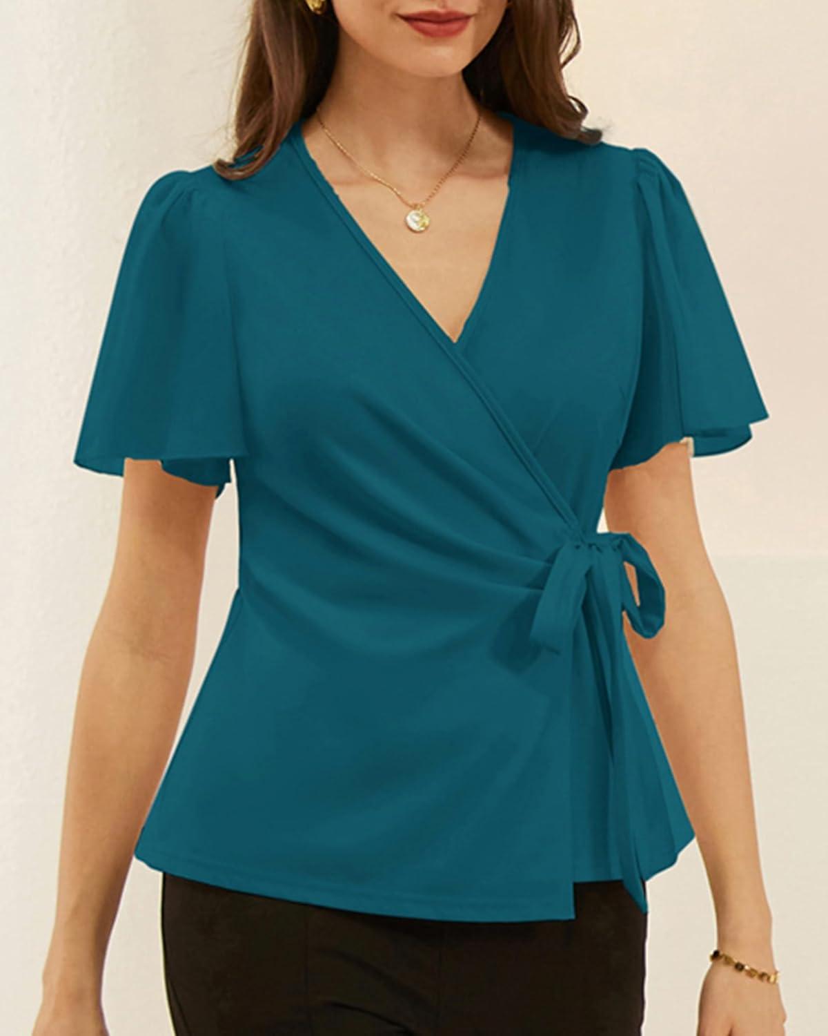 imageGRACE KARIN 2025 Womens Summer Tops Dressy Business Casual Chiffon Short Sleeve VNeck Wrap Work Fitted BlousesRoyal Blue