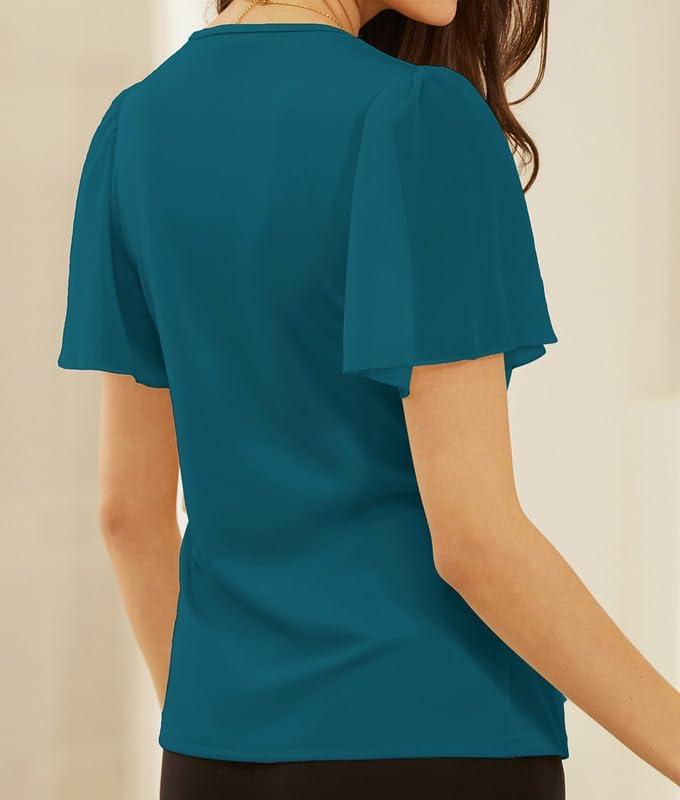 imageGRACE KARIN 2025 Womens Summer Tops Dressy Business Casual Chiffon Short Sleeve VNeck Wrap Work Fitted BlousesRoyal Blue