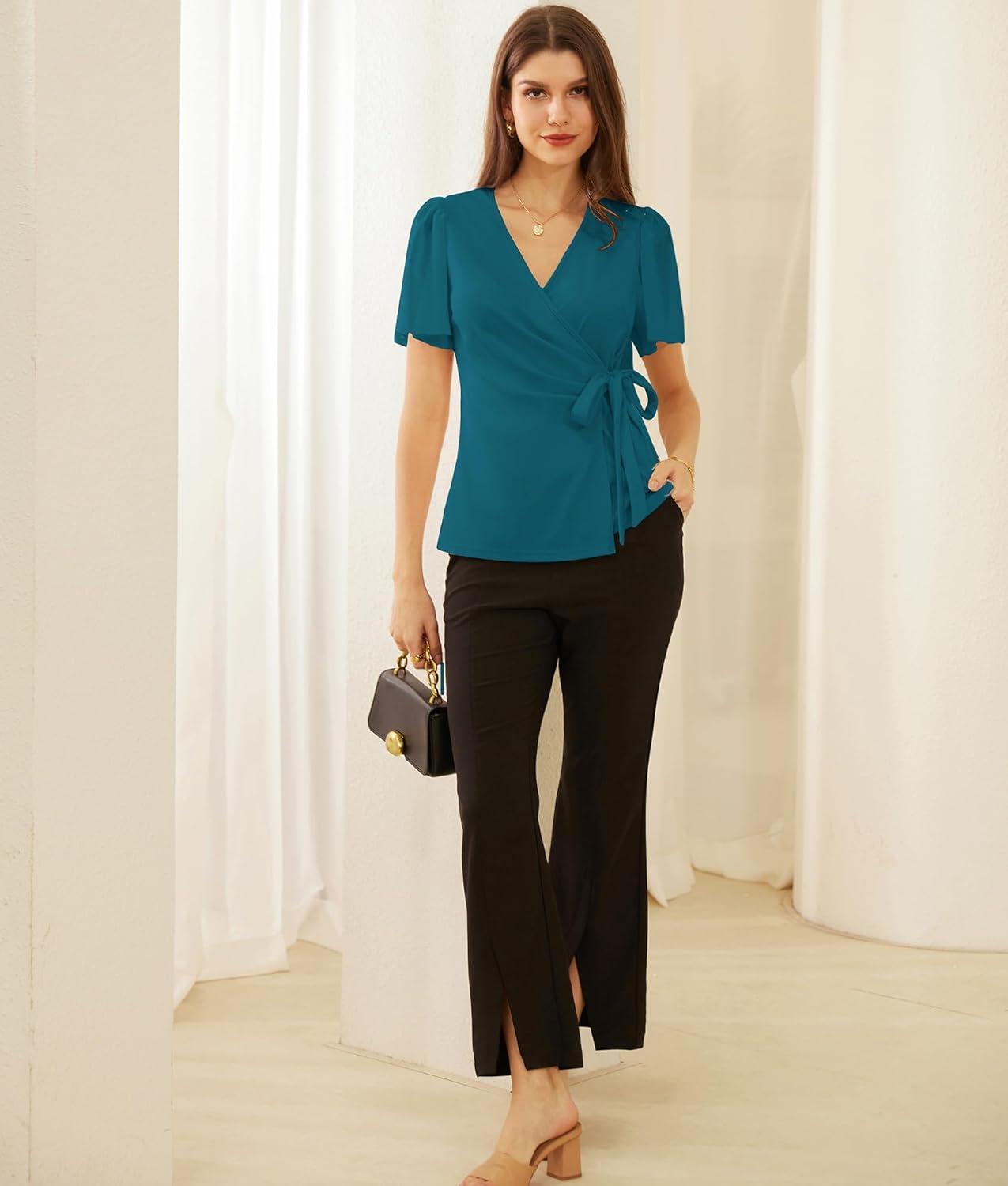 imageGRACE KARIN 2025 Womens Summer Tops Dressy Business Casual Chiffon Short Sleeve VNeck Wrap Work Fitted BlousesRoyal Blue