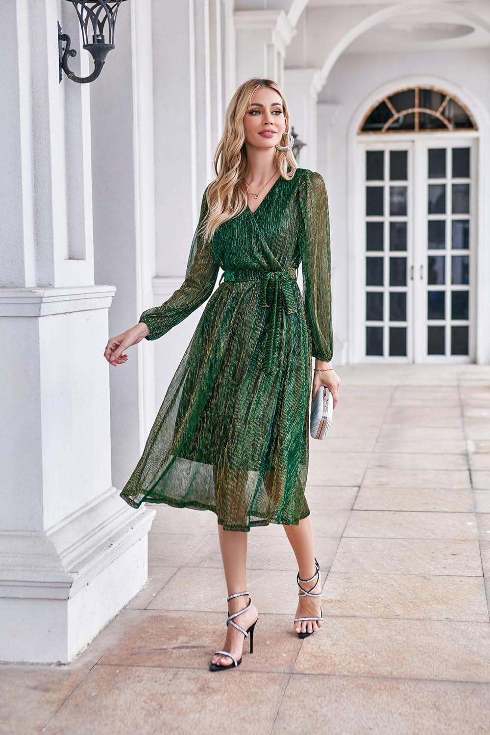 imageGRACE KARIN Formal Dresses for Women Wedding Guest A Line Long Sleeve Midi Dress Wrap V Neck Cocktail Dresses Dazzling Green M