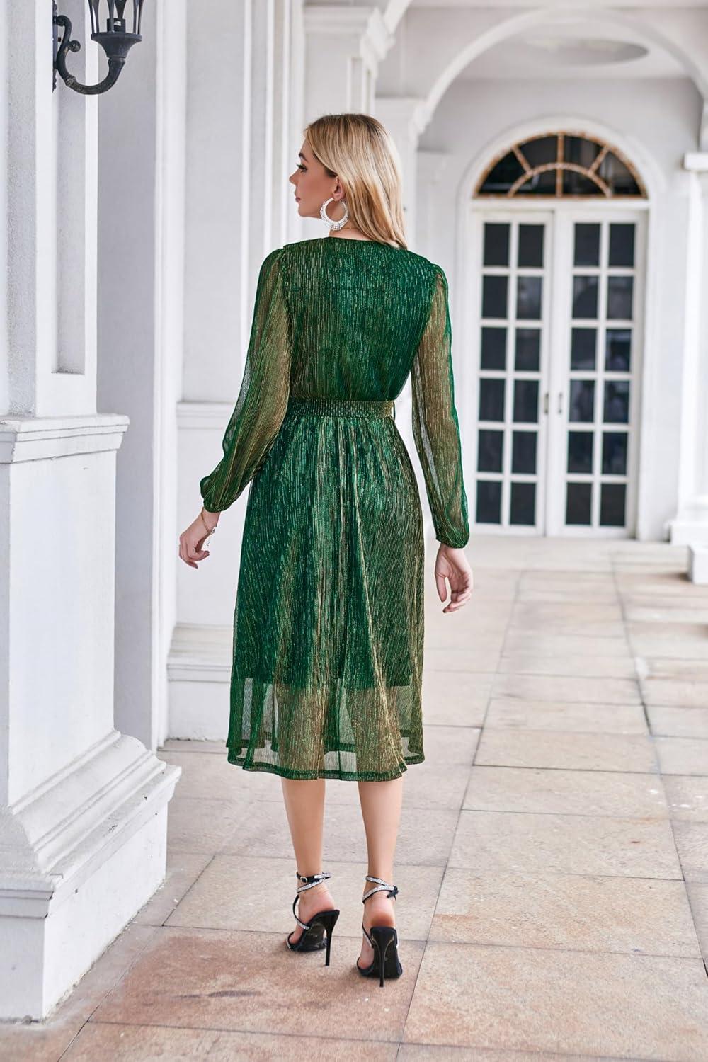 imageGRACE KARIN Formal Dresses for Women Wedding Guest A Line Long Sleeve Midi Dress Wrap V Neck Cocktail Dresses Dazzling Green M