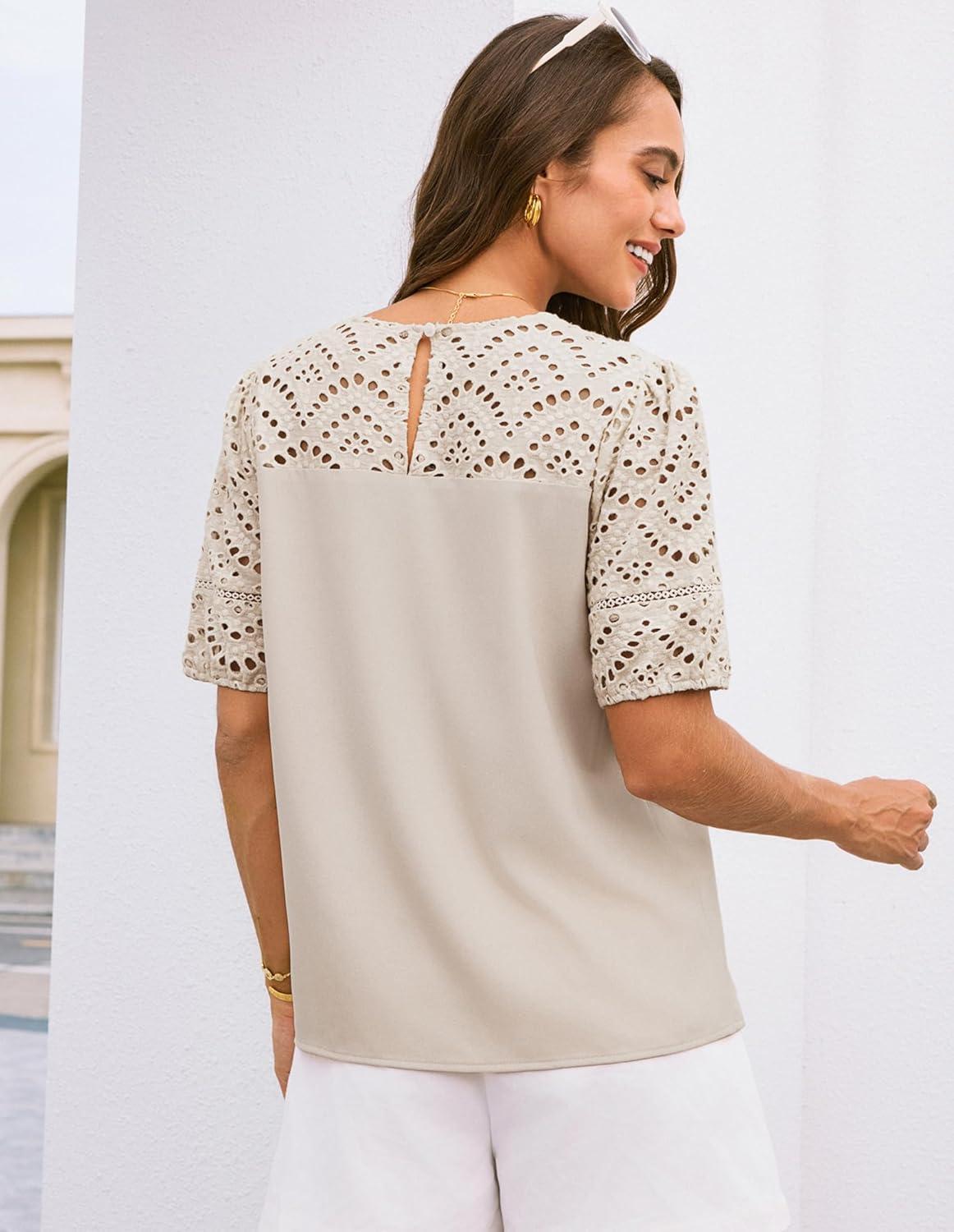 imageGRACE KARIN Womens Casual Tops Short Sleeve Eyelet Embroidered Summer Trendy Shirts Crewneck Crochet Patchwork BlousesApricot
