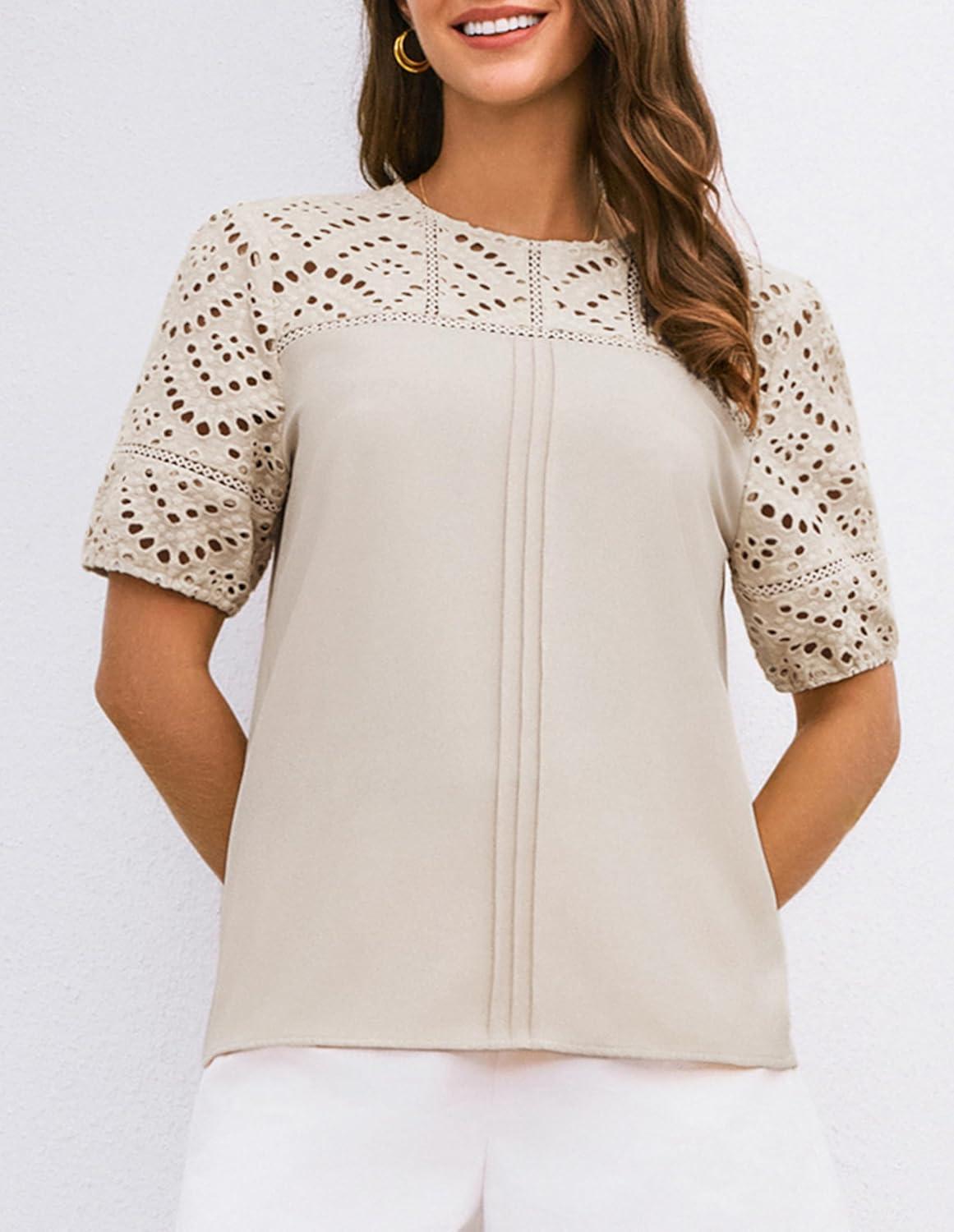 imageGRACE KARIN Womens Casual Tops Short Sleeve Eyelet Embroidered Summer Trendy Shirts Crewneck Crochet Patchwork BlousesApricot