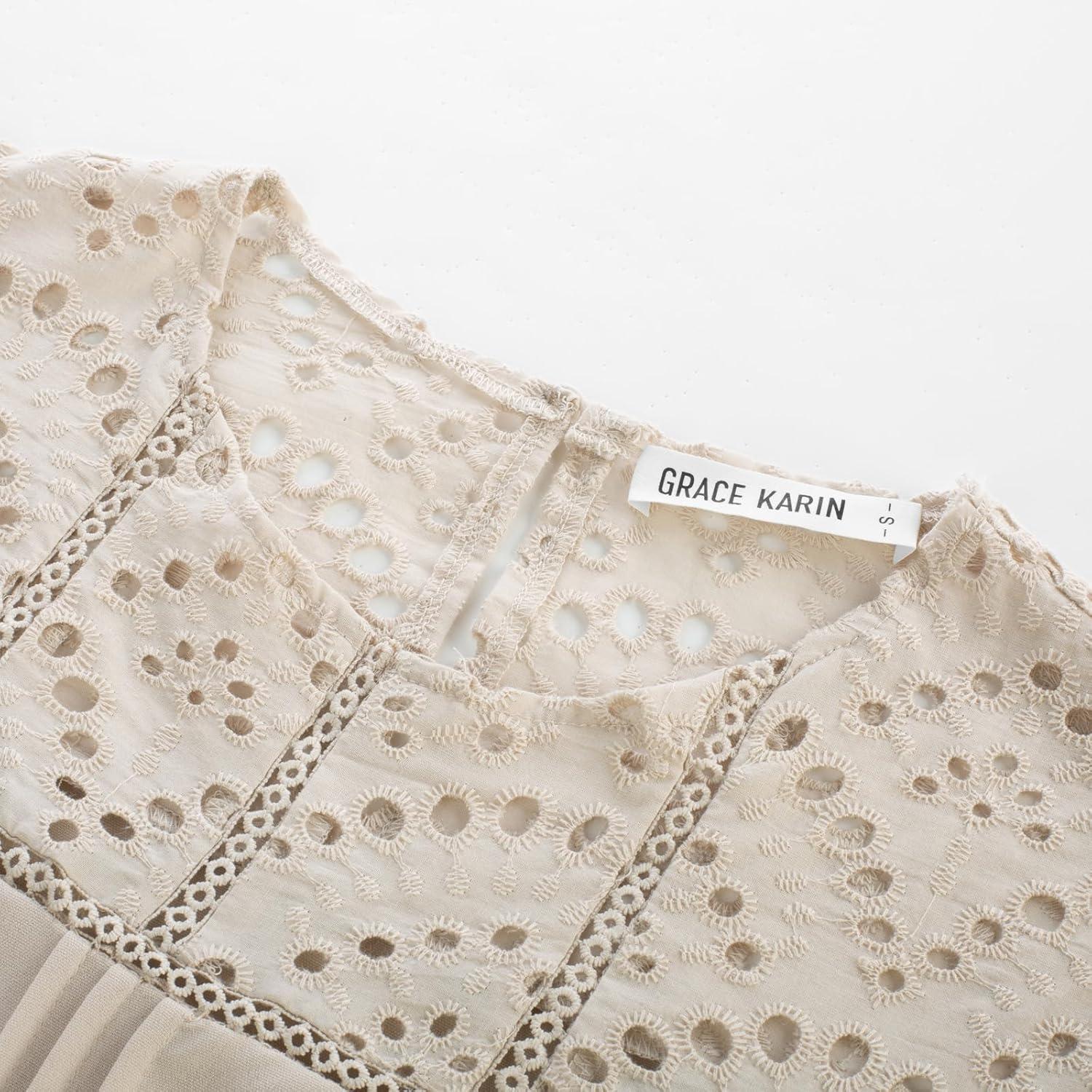 imageGRACE KARIN Womens Casual Tops Short Sleeve Eyelet Embroidered Summer Trendy Shirts Crewneck Crochet Patchwork BlousesApricot