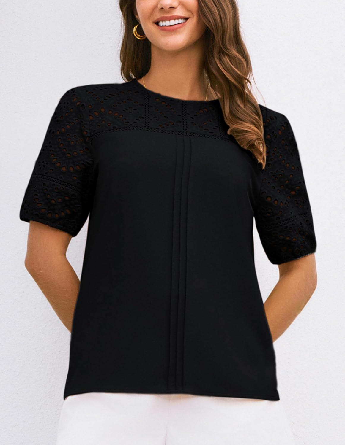 imageGRACE KARIN Womens Casual Tops Short Sleeve Eyelet Embroidered Summer Trendy Shirts Crewneck Crochet Patchwork BlousesBlack