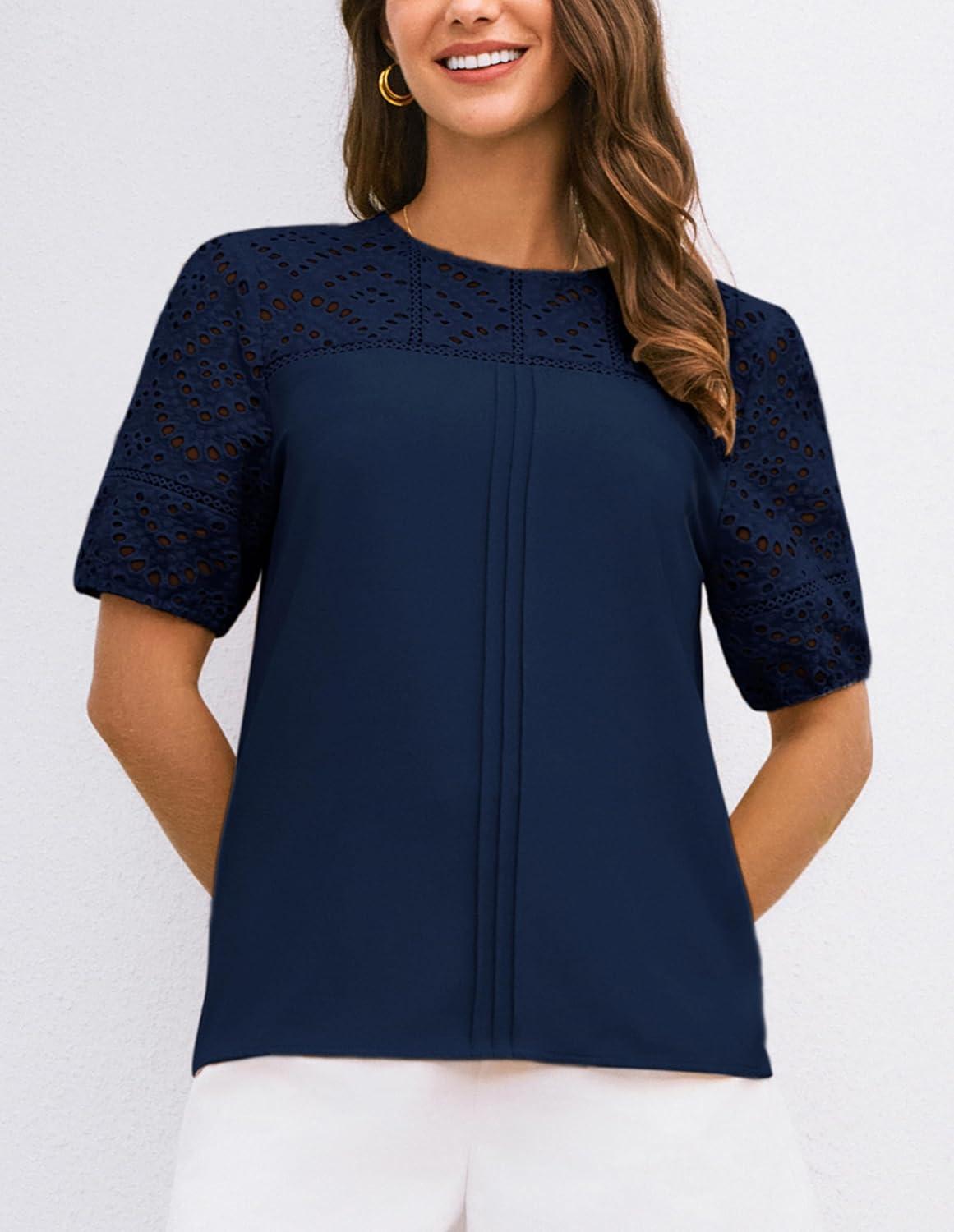 imageGRACE KARIN Womens Casual Tops Short Sleeve Eyelet Embroidered Summer Trendy Shirts Crewneck Crochet Patchwork BlousesNavy