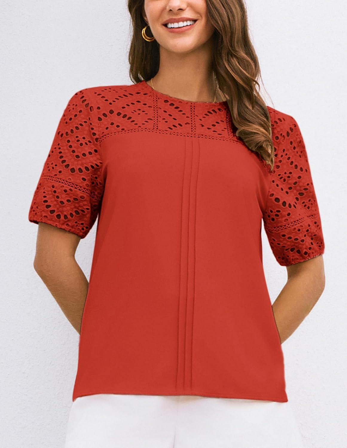 imageGRACE KARIN Womens Casual Tops Short Sleeve Eyelet Embroidered Summer Trendy Shirts Crewneck Crochet Patchwork BlousesOrangered