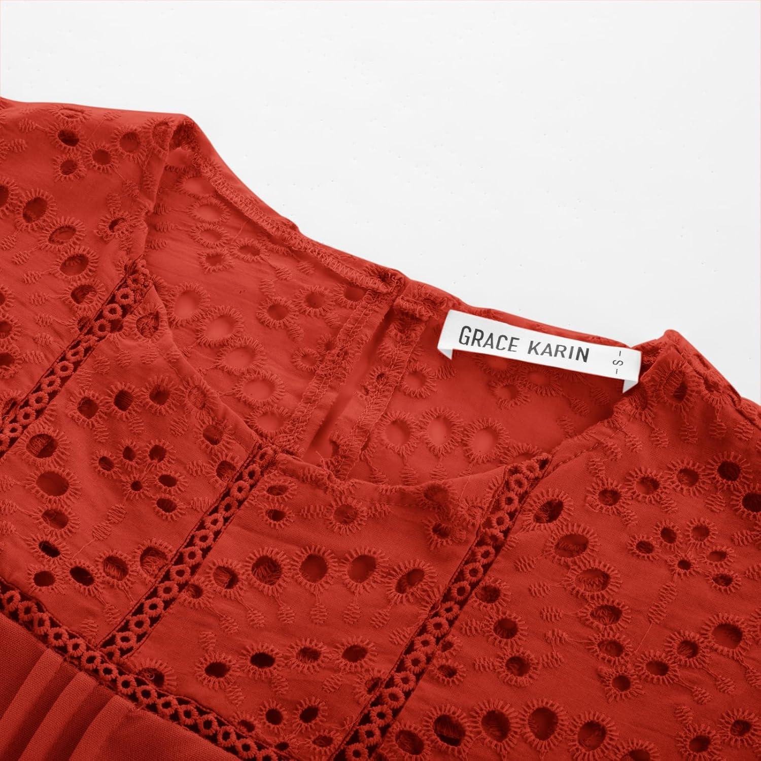 imageGRACE KARIN Womens Casual Tops Short Sleeve Eyelet Embroidered Summer Trendy Shirts Crewneck Crochet Patchwork BlousesOrangered