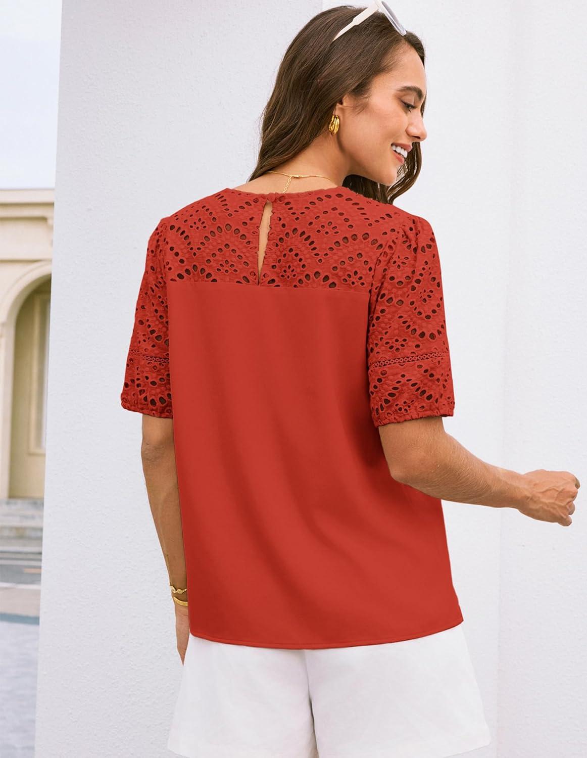 imageGRACE KARIN Womens Casual Tops Short Sleeve Eyelet Embroidered Summer Trendy Shirts Crewneck Crochet Patchwork BlousesOrangered