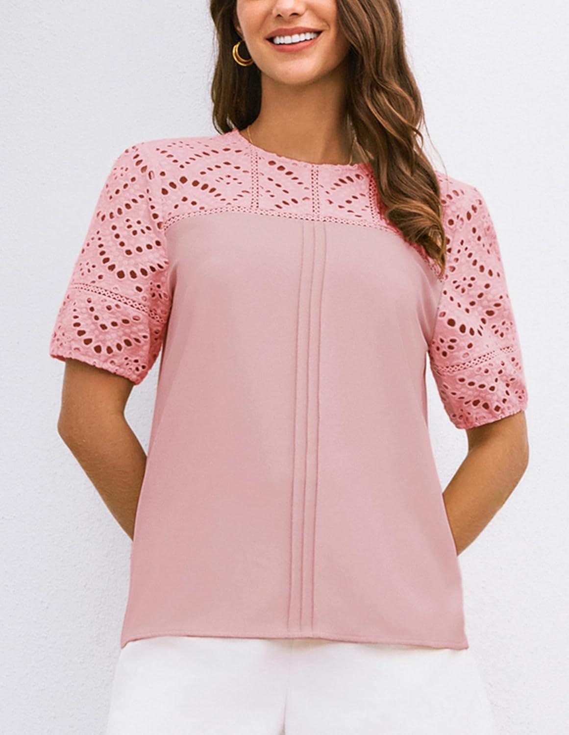 imageGRACE KARIN Womens Casual Tops Short Sleeve Eyelet Embroidered Summer Trendy Shirts Crewneck Crochet Patchwork BlousesPink