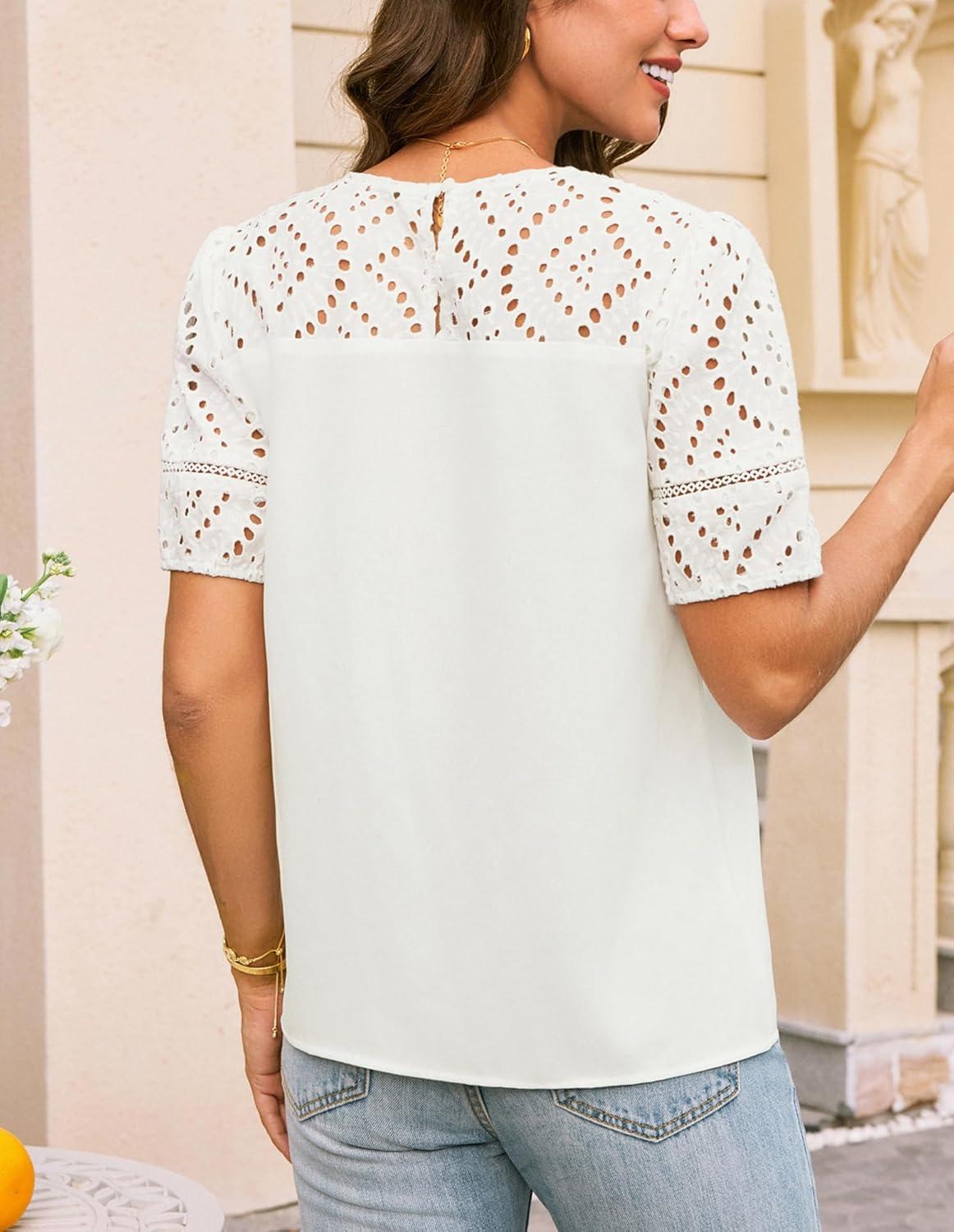 imageGRACE KARIN Womens Casual Tops Short Sleeve Eyelet Embroidered Summer Trendy Shirts Crewneck Crochet Patchwork BlousesWhite