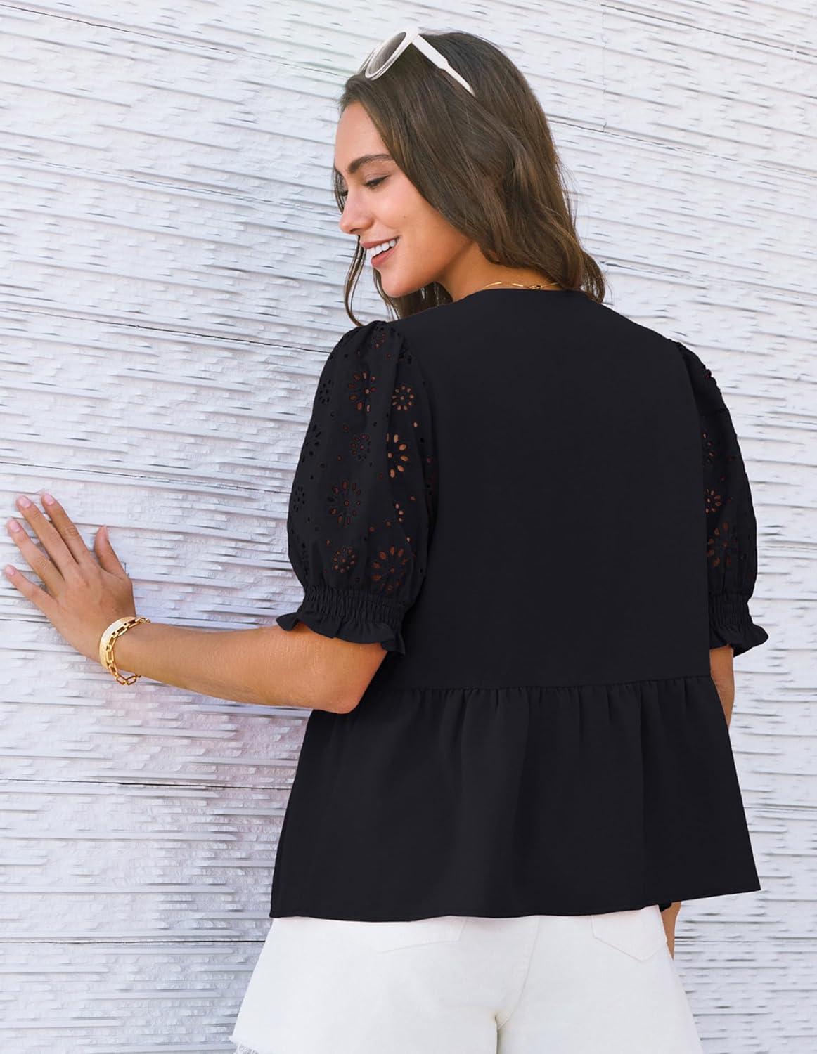 imageGRACE KARIN Womens Tie Front Peplum Tops Short Puff Sleeve Bow Babydoll Blouses Shirts Y2K Going Out TopsBlack