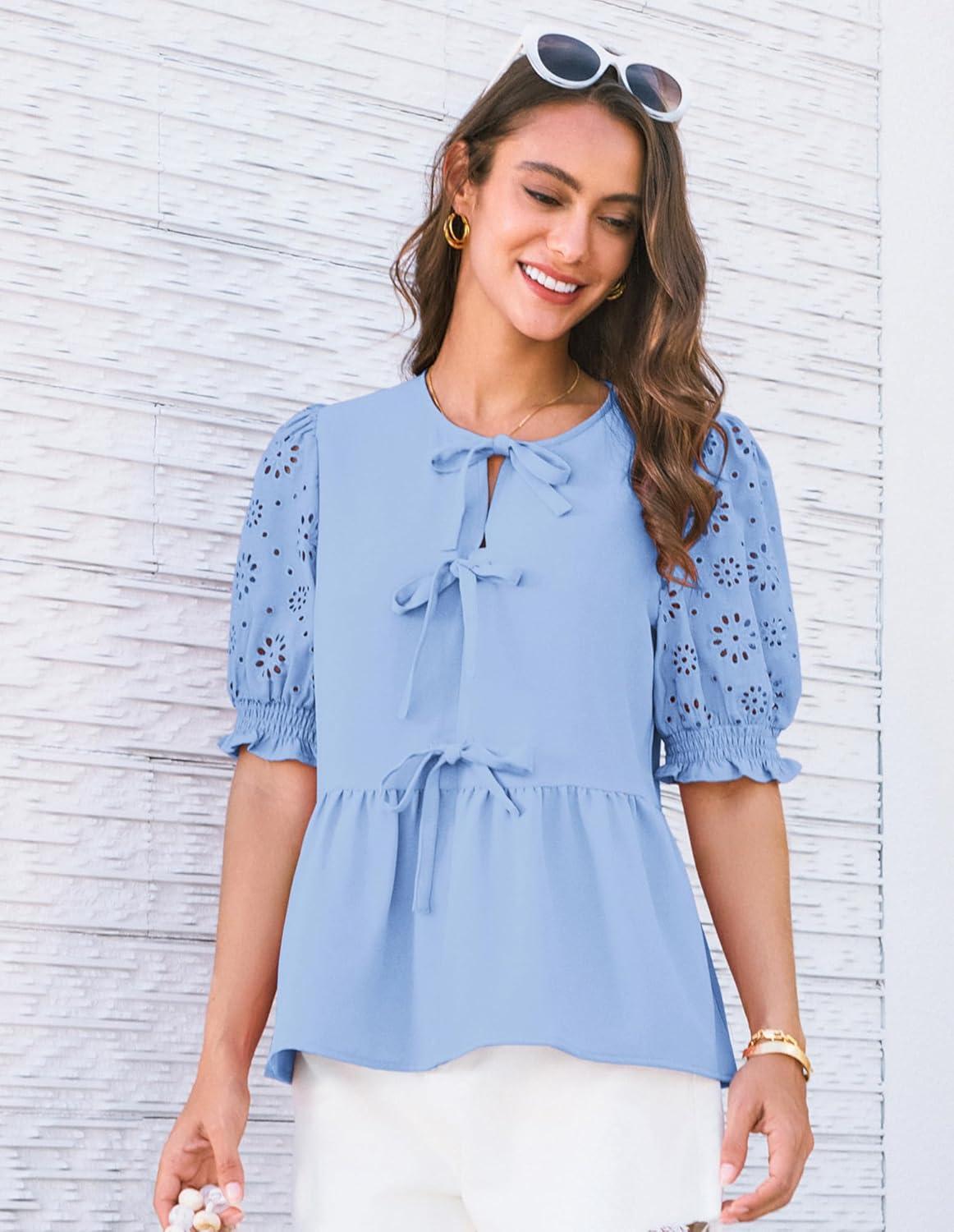 imageGRACE KARIN Womens Tie Front Peplum Tops Short Puff Sleeve Bow Babydoll Blouses Shirts Y2K Going Out TopsBlue