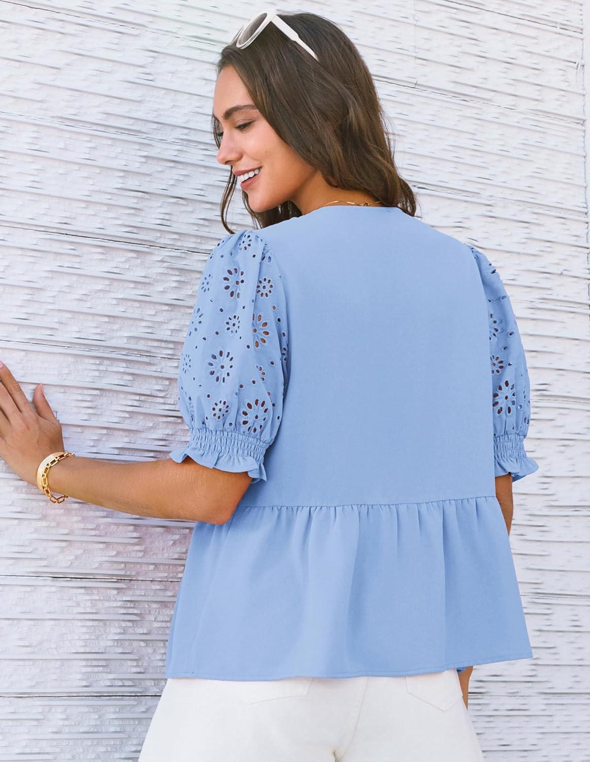 imageGRACE KARIN Womens Tie Front Peplum Tops Short Puff Sleeve Bow Babydoll Blouses Shirts Y2K Going Out TopsBlue