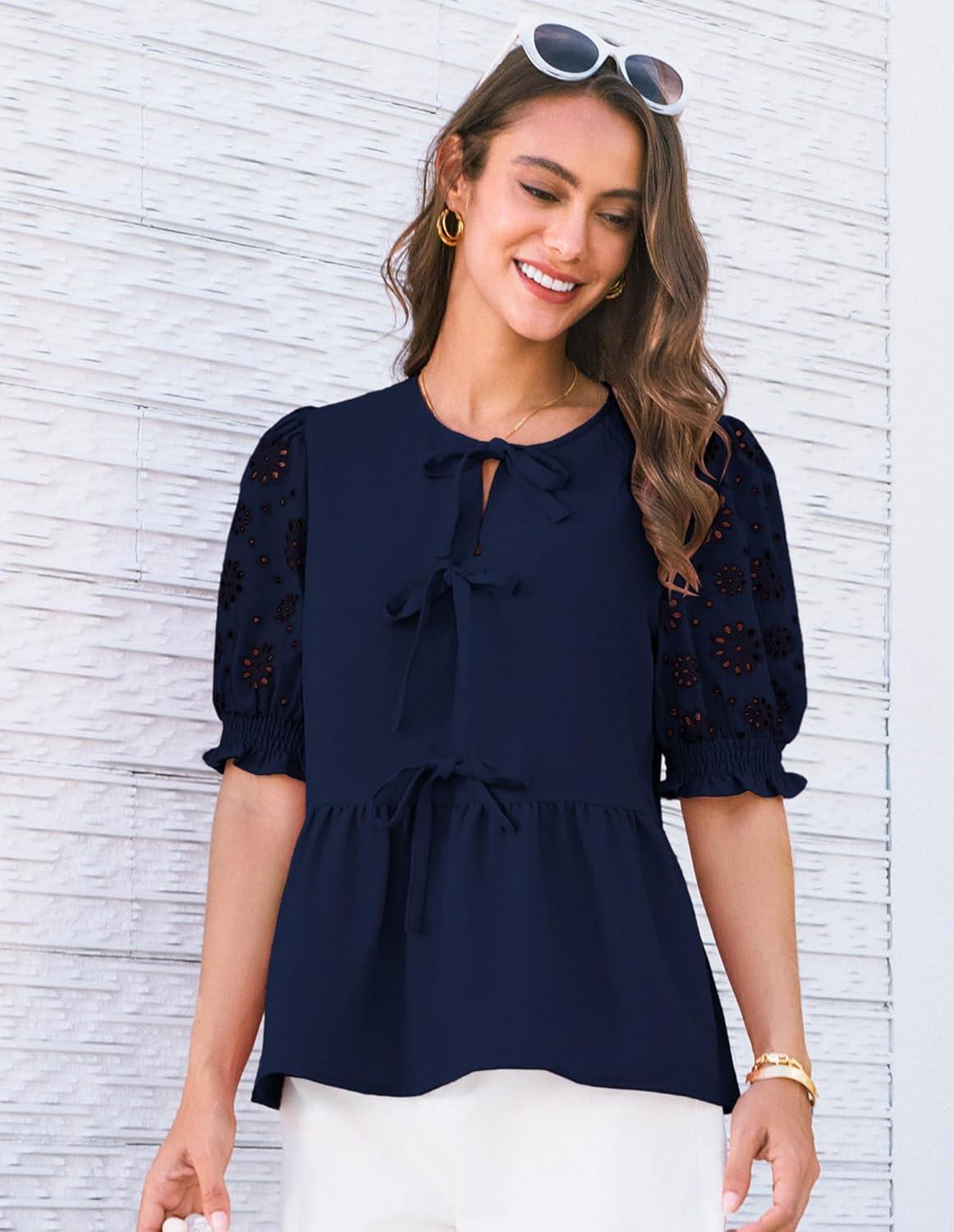 imageGRACE KARIN Womens Tie Front Peplum Tops Short Puff Sleeve Bow Babydoll Blouses Shirts Y2K Going Out TopsNavy Blue