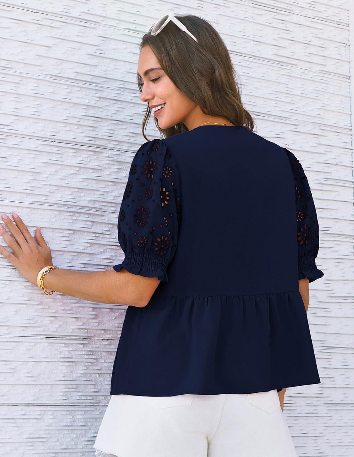 imageGRACE KARIN Womens Tie Front Peplum Tops Short Puff Sleeve Bow Babydoll Blouses Shirts Y2K Going Out TopsNavy Blue