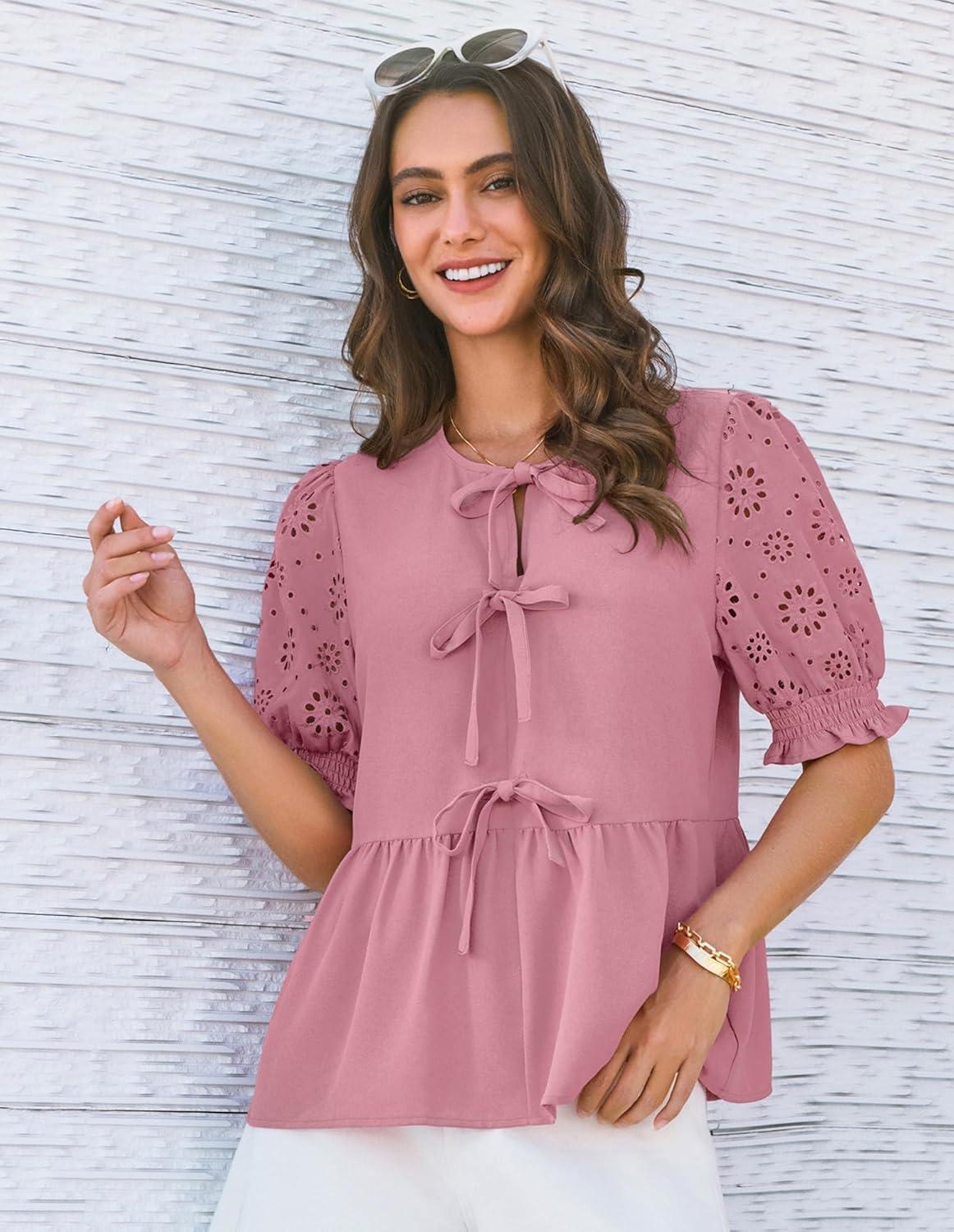 imageGRACE KARIN Womens Tie Front Peplum Tops Short Puff Sleeve Bow Babydoll Blouses Shirts Y2K Going Out TopsPink