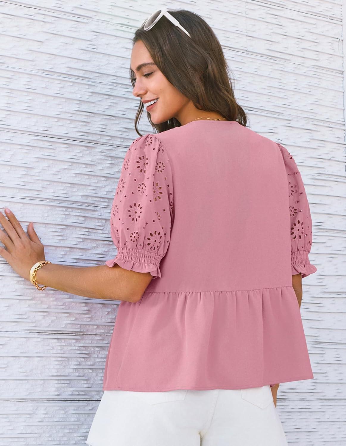 imageGRACE KARIN Womens Tie Front Peplum Tops Short Puff Sleeve Bow Babydoll Blouses Shirts Y2K Going Out TopsPink