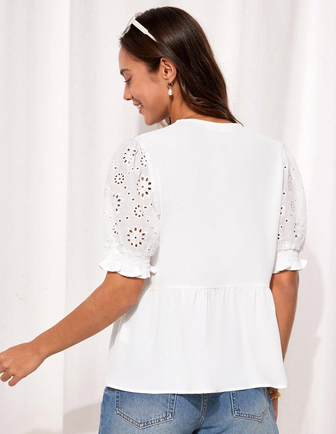 imageGRACE KARIN Womens Tie Front Peplum Tops Short Puff Sleeve Bow Babydoll Blouses Shirts Y2K Going Out TopsWhite