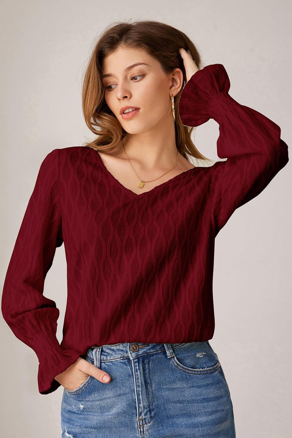imageWomens Casual V Neck Blouse Smocked Long Sleeve Fit Leisure Top Shirts Burgundy L