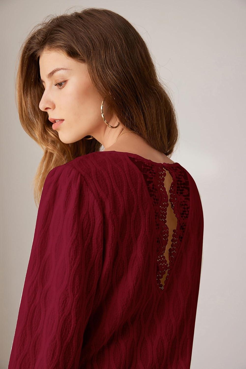 imageWomens Casual V Neck Blouse Smocked Long Sleeve Fit Leisure Top Shirts Burgundy L
