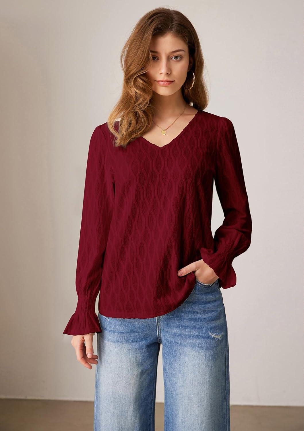 imageWomens Casual V Neck Blouse Smocked Long Sleeve Fit Leisure Top Shirts Burgundy L