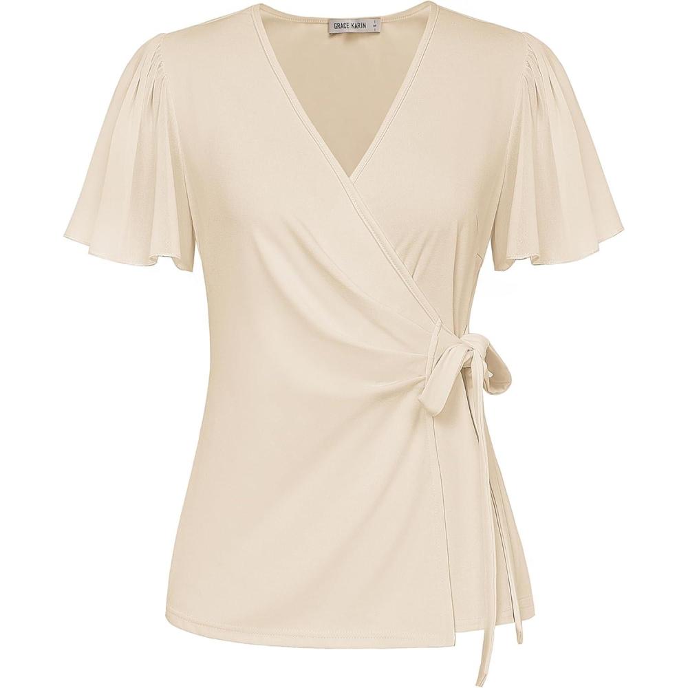 imageGRACE KARIN 2025 Womens Summer Tops Dressy Business Casual Chiffon Short Sleeve VNeck Wrap Work Fitted BlousesApricot